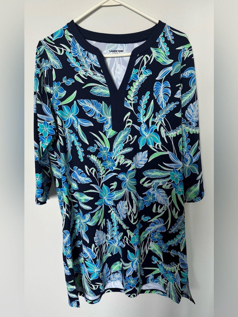 Lands' End Medium Petite Navy and White Tropical Print Swimsuit Coverup/Dress
